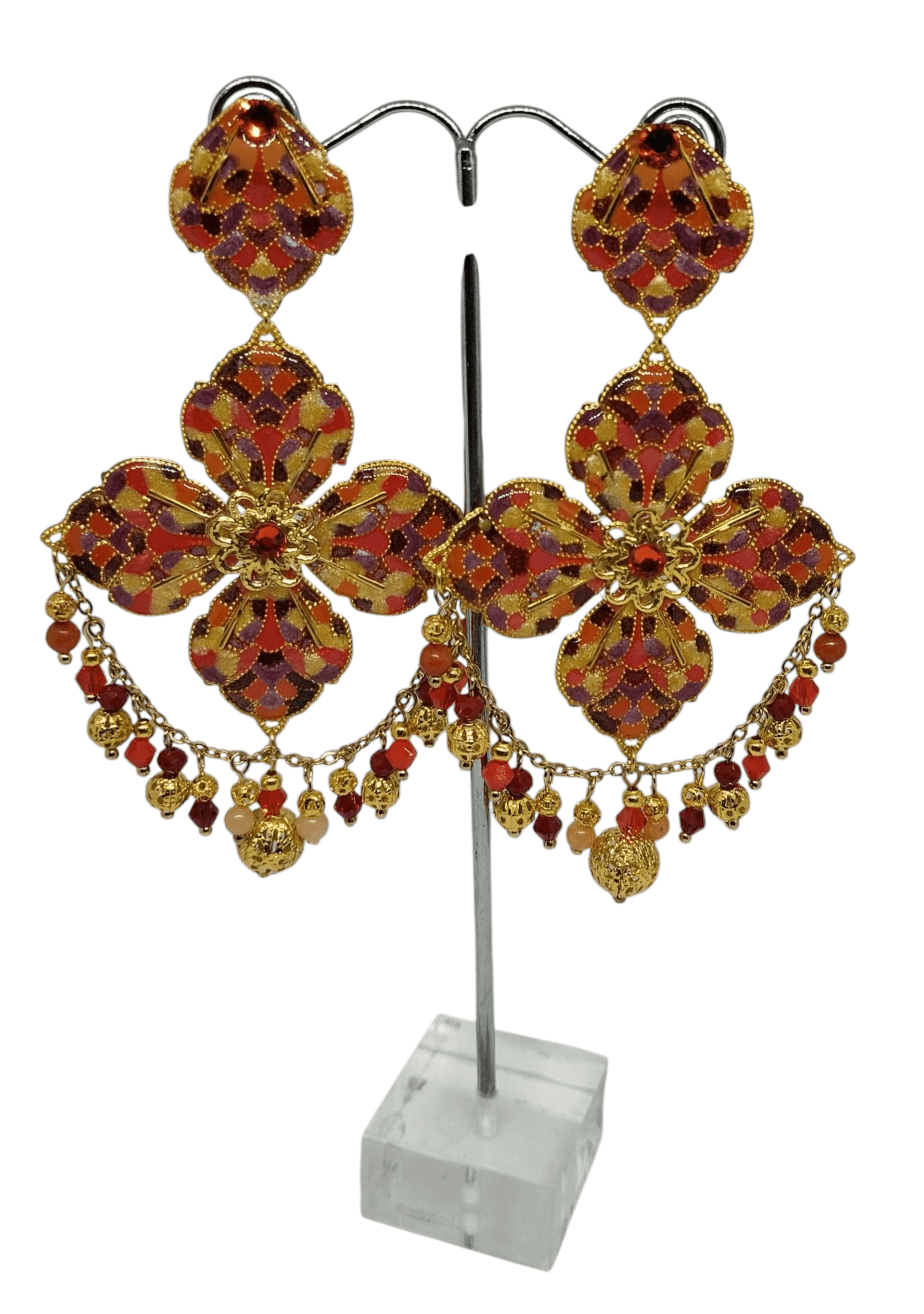 Pendientes Flor Imperial – Rojo y Oro - 1
