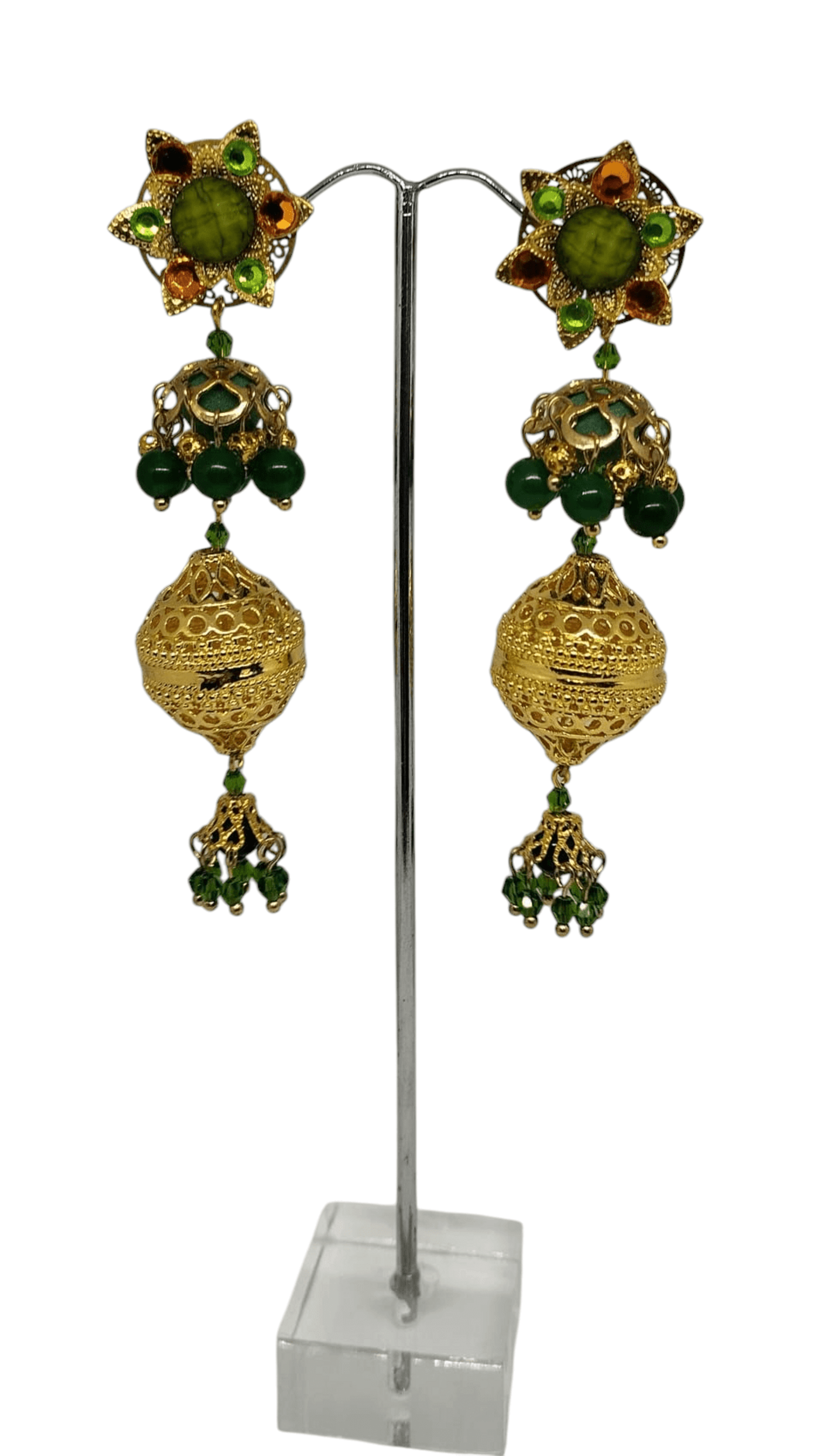 Pendientes Jhumka Real – Oro y Verde - 1