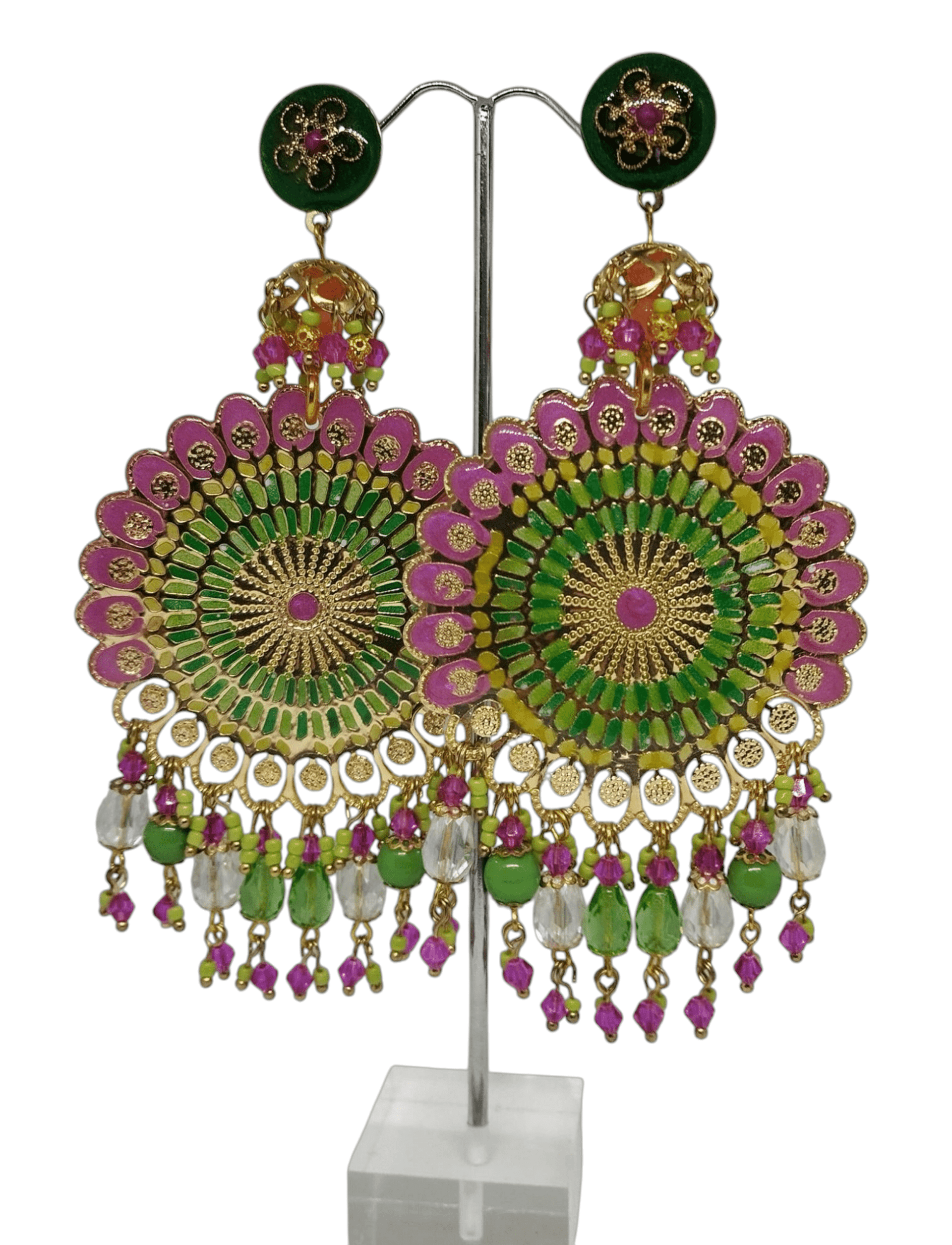 Pendientes Étnicos Artesanales – Verde y Rosa - 1